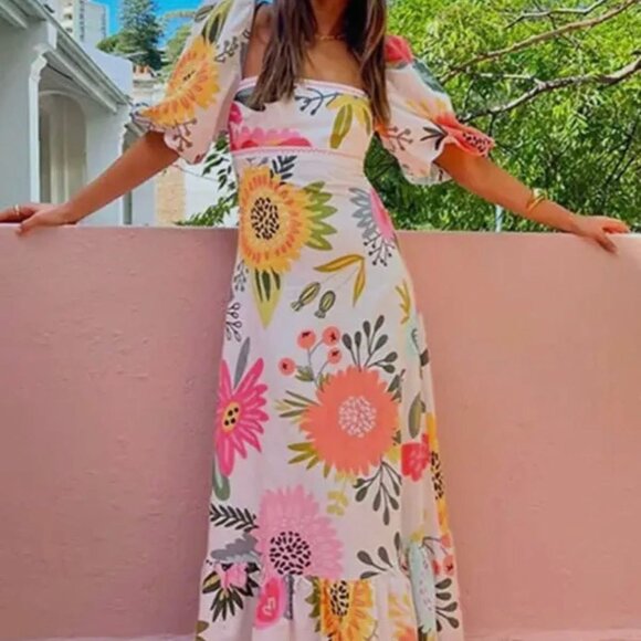 NWT Floral Maxi Dress with square neck and puff sleeves - Picture 1 of 1